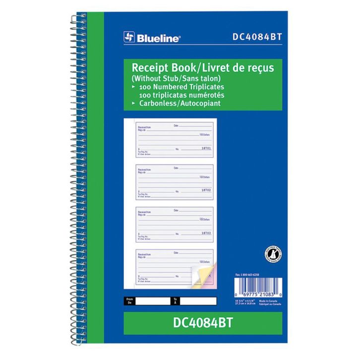 Livret de reçus Blueline, 3 copies NCR, DC4084BT, 10-5/8 X 6-5/8 - numéroté