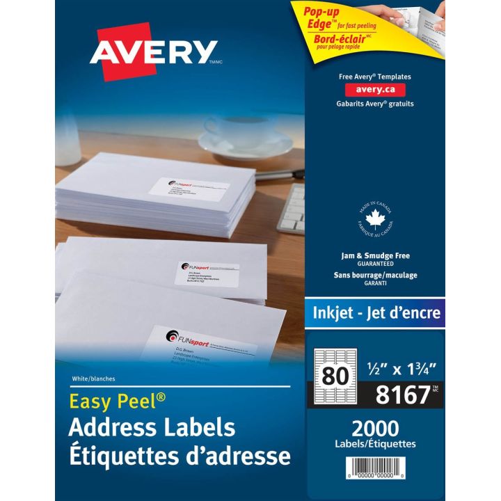 Étiquettes Avery®, jet d'encre, 1-3/4 x 1/2 po, 08167