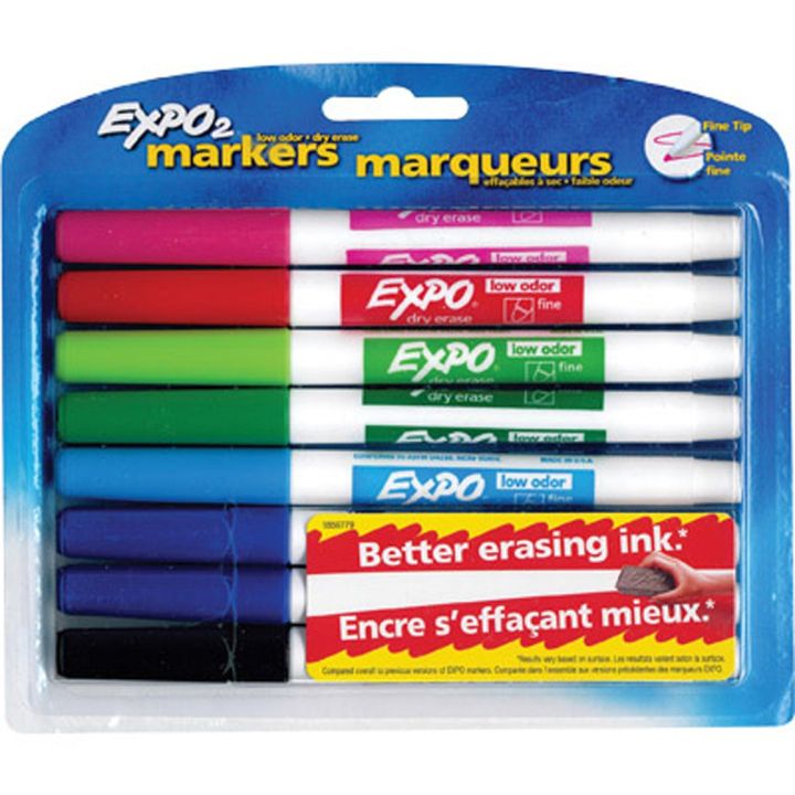 Marqueurs effaçables à sec à faible odeur d’Expo®, Pointe fine, couleurs assorties. 8/jeu