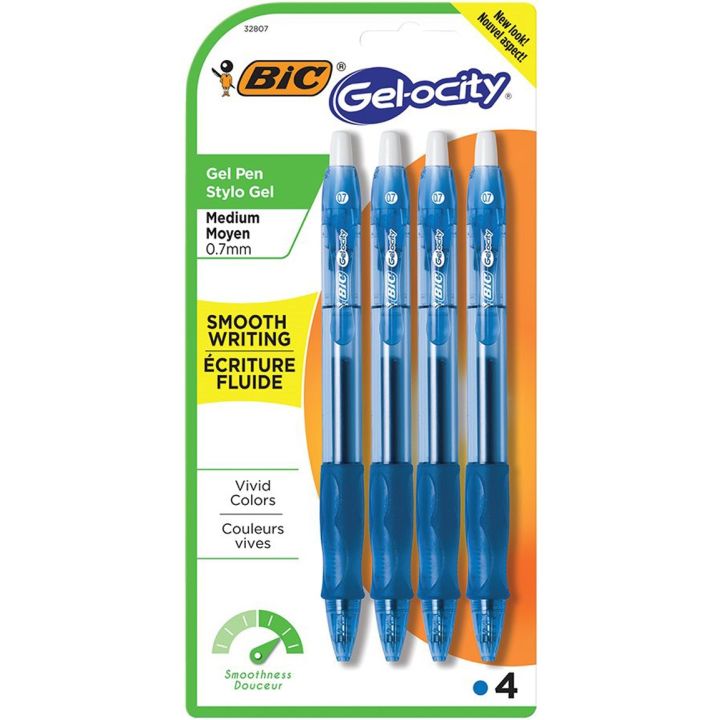 Stylo rétractable à encre gel Gel-ocity® de Bic®. Bleu. 4/pqt