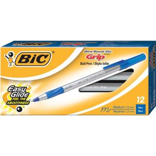Stylos à bille Round Stic Grip de Bic, pointe moyenne, bleu, boite de 12