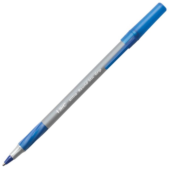 Stylos à bille Round Stic Grip de Bic, pointe moyenne, bleu, boite de 12