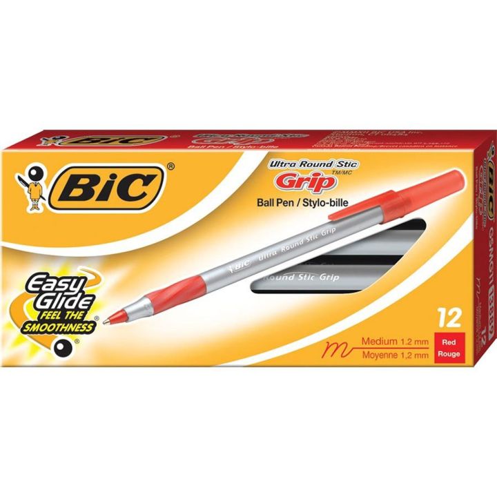 Stylos à bille Round Stic Grip de Bic, pointe moyenne, rouge, boite de 12