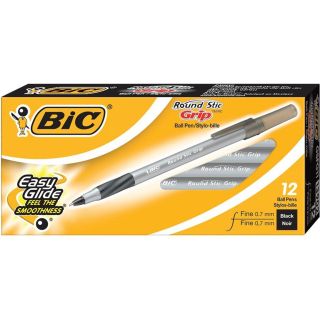 Stylos à bille Round Stic Grip de Bic, pointe fine, noir, boite de 12