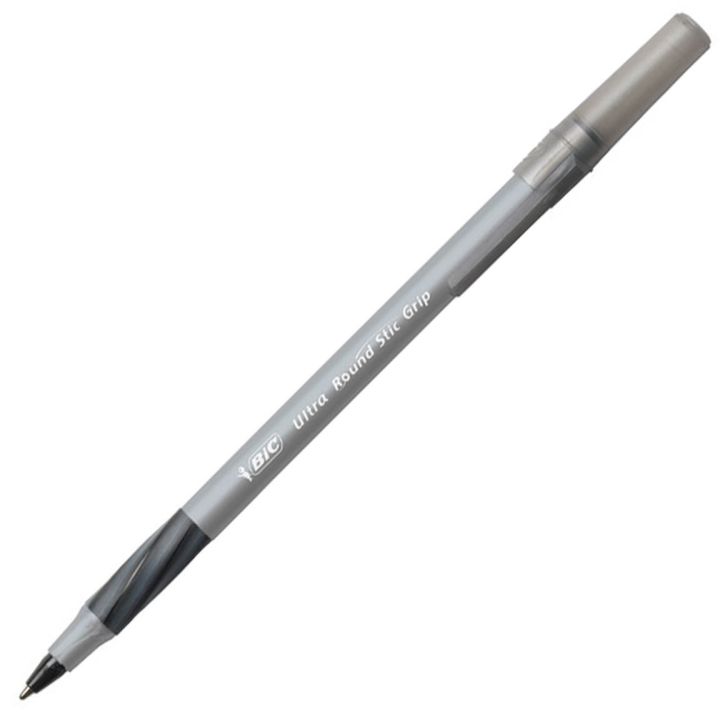 Stylos à bille Round Stic Grip de Bic, pointe fine, noir, boite de 12