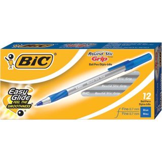 Stylos à bille Round Stic Grip de Bic, pointe fine, bleu, boite de 12
