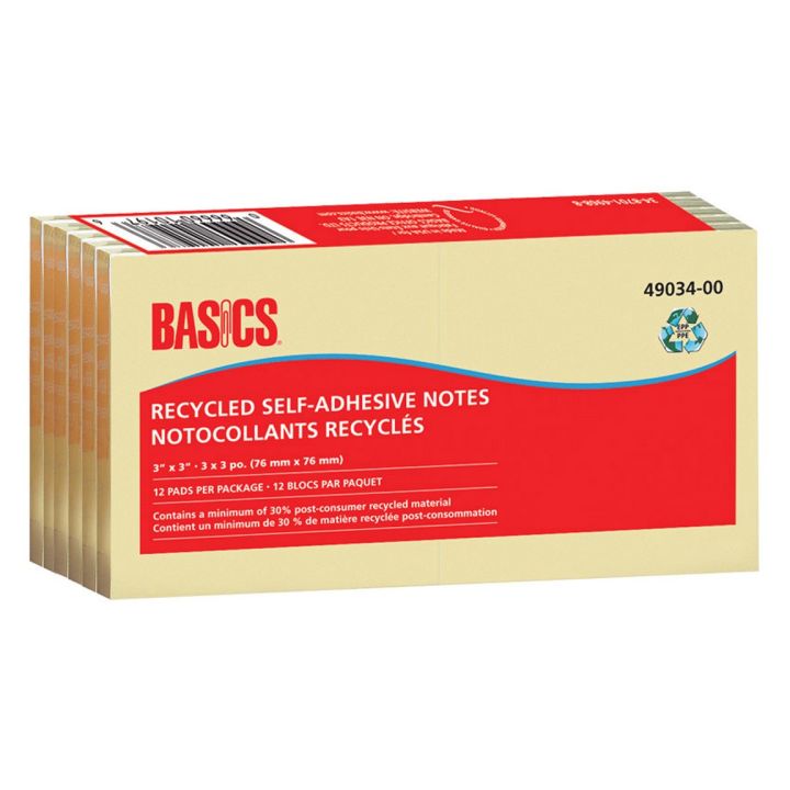 Notes auto-adhésives recyclées de Basics, 3 x 3 po, paquet de 12