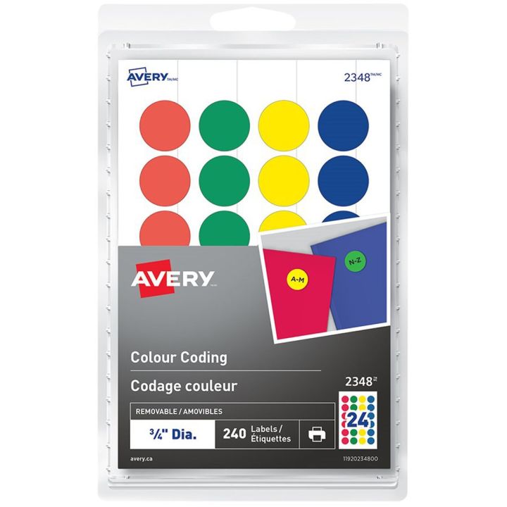 Étiquettes à codage couleur amovibles de Avery®, 3/4 po, Couleurs assorties