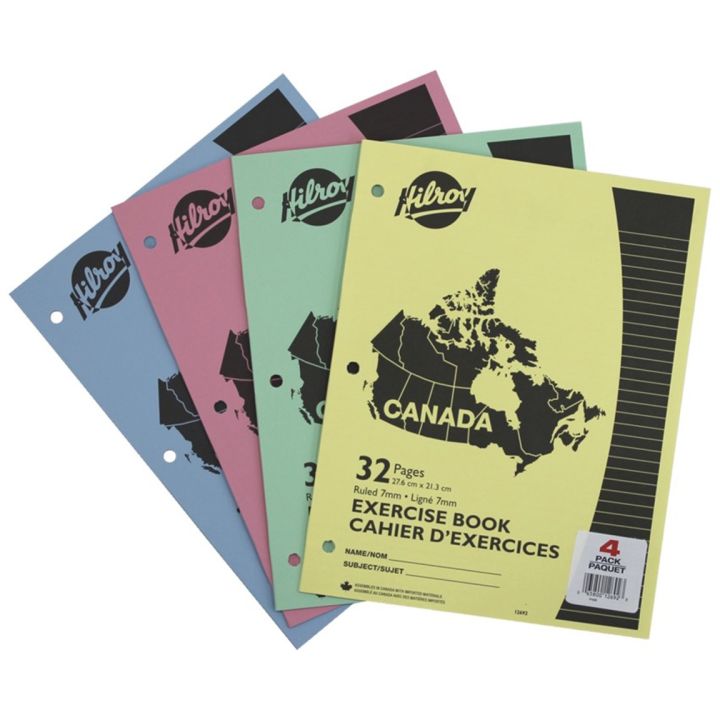 Cahier d'exercice Canada - Hilroy, lignée, 3 trous, 32 pages, 10 7/8 x 7 3/8 po - couleurs variées - 4/pqt