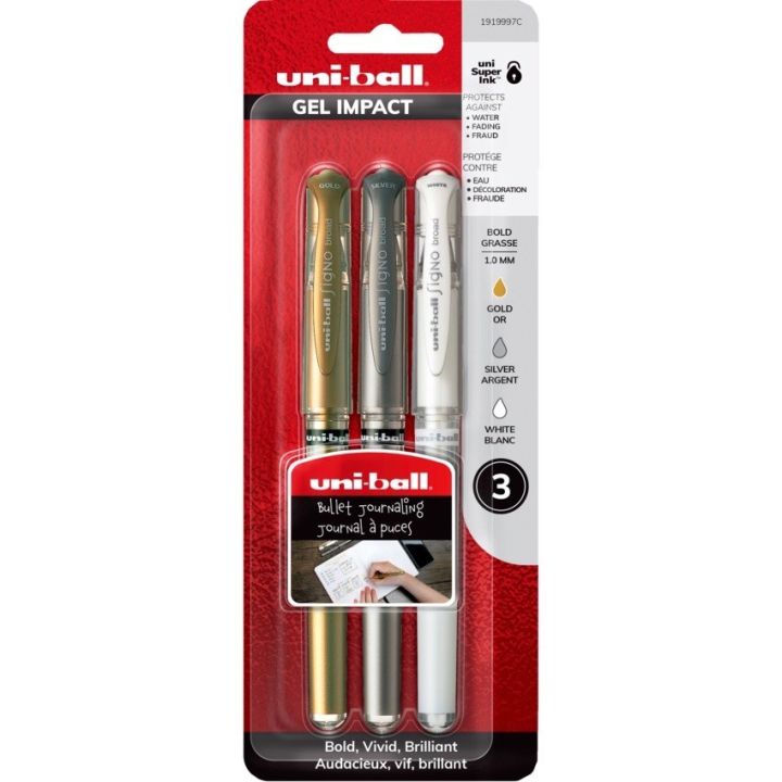 Stylo Gel à encre argent, or et blanc, de Uniball,