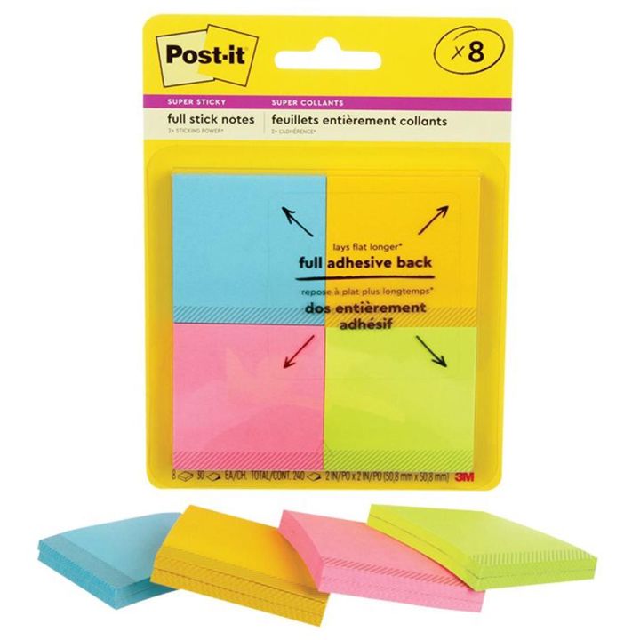 Notocollant adhésif, 2 x 2 po., 8/pqt, couleurs assorties