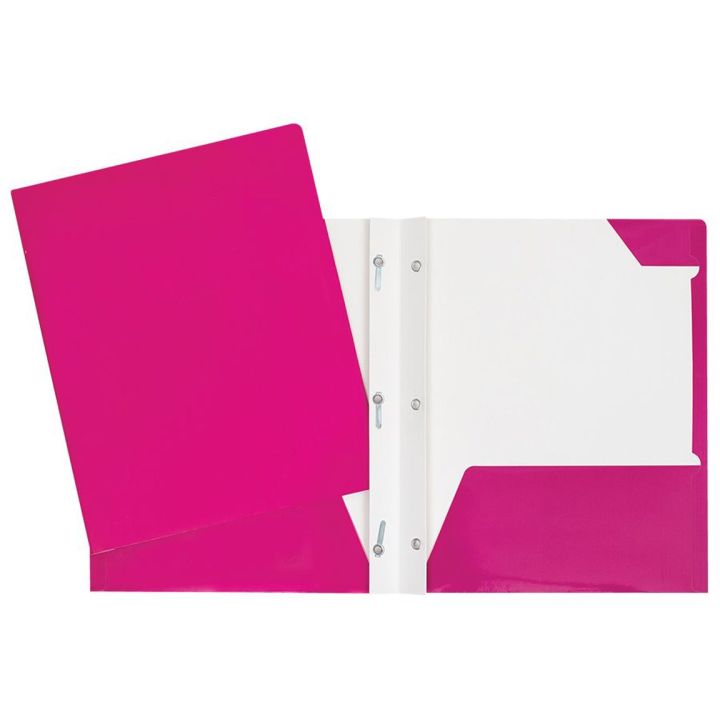 Duo-tang en carton laminé, 2 poches intérieures, 3 attaches, rose