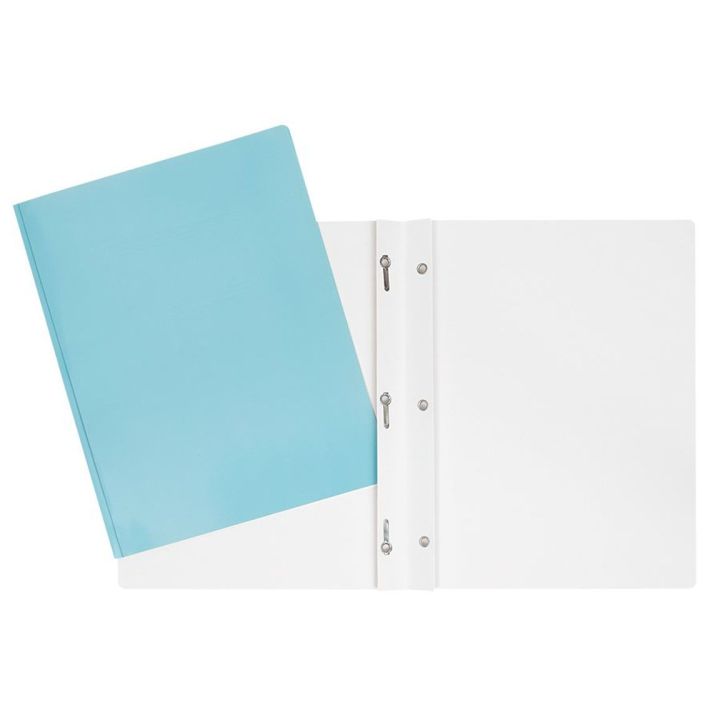 Duotang bleu pâle trois attaches en carton laminé sans pochette intérieure