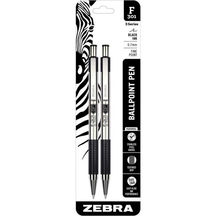 Zebra - Stylo à bille rétractable en acier inoxydable F-301, encre noir, 2/pqt