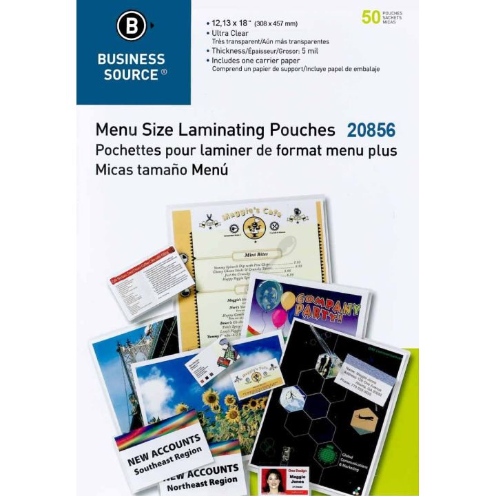 Pochettes de plastification de taille menu plus - 12,13 x 18 po., Business Source