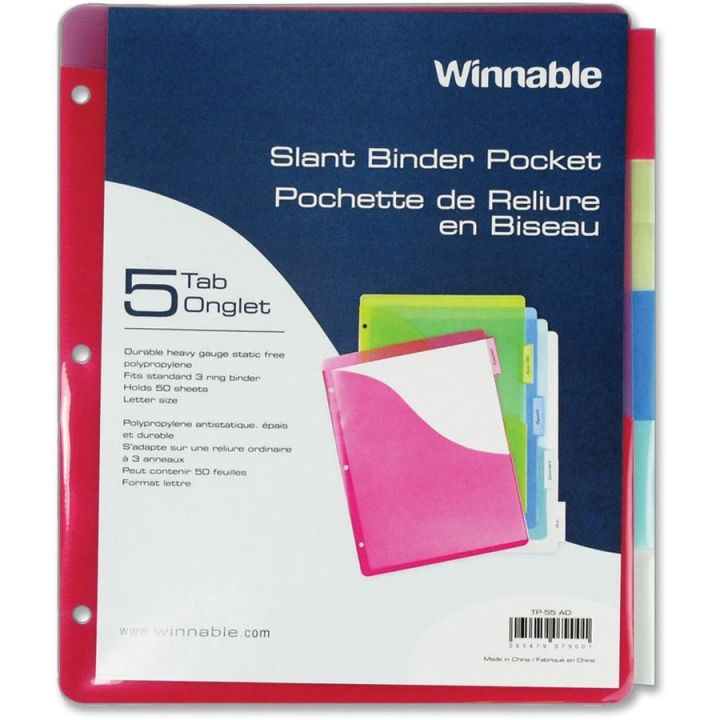 Intercalaires d'index en poly avec pochettes, Winnable, 5 onglets