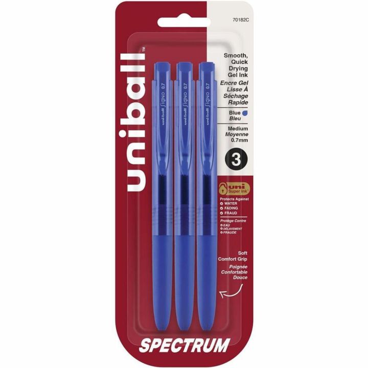 Stylo rétractable, Uni Spectrum, encre bleu gel 0,7 mm, 3/pqt