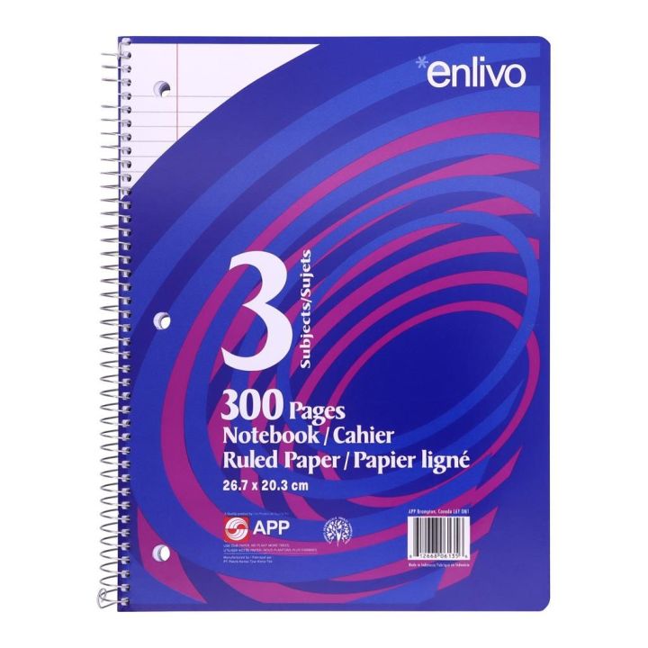 Cahier d'exercises ligné Enlivo de APP, 10.5"x 8", 300 pages, 3-sujets