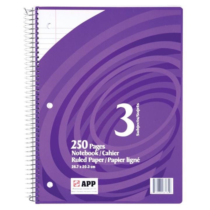 Cahier d'exercises ligné Enlivo de APP, 10.5"x 8", 250 pages, 3-sujets