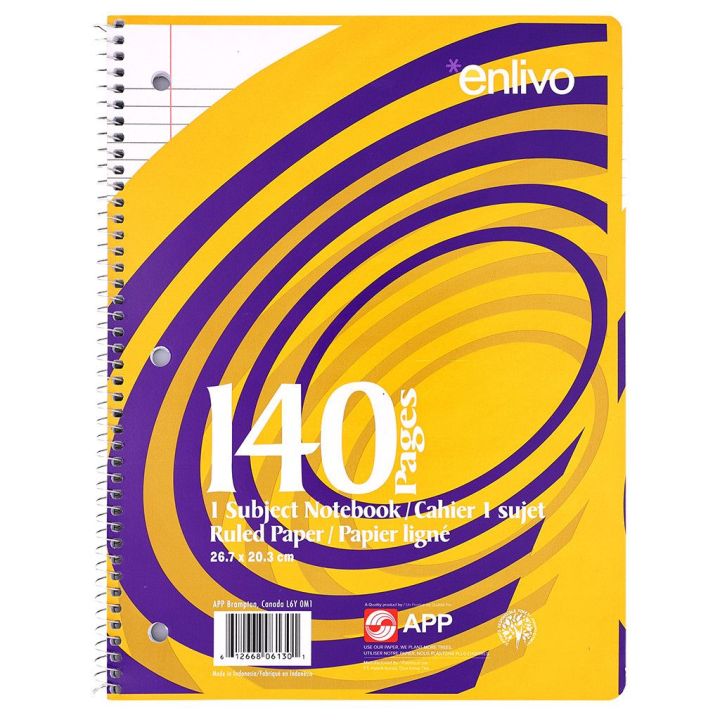 Cahier d'exercises ligné Enlivo de APP, 10.5"x 8", 140 pages