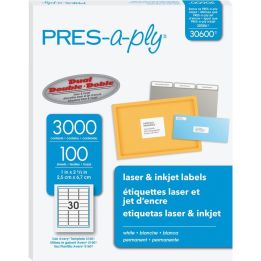 PRES-a-ply - Étiquettes blanches permanentes 1 x 2-5/8, 3000/bte, #30600