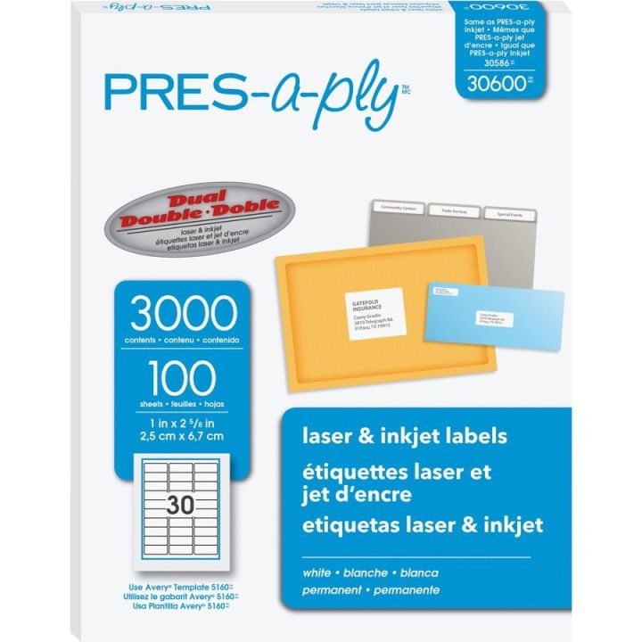 PRES-a-ply - Étiquettes blanches permanentes 1 x 2-5/8, 3000/bte, #30600