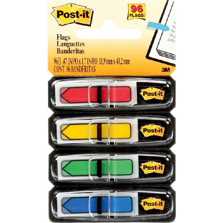 Étiquettes fléchées Post-it® Notes, 1/2 po, couleurs primaires assorties, 24 étiquettes par bloc, paquet de 4 blocs
