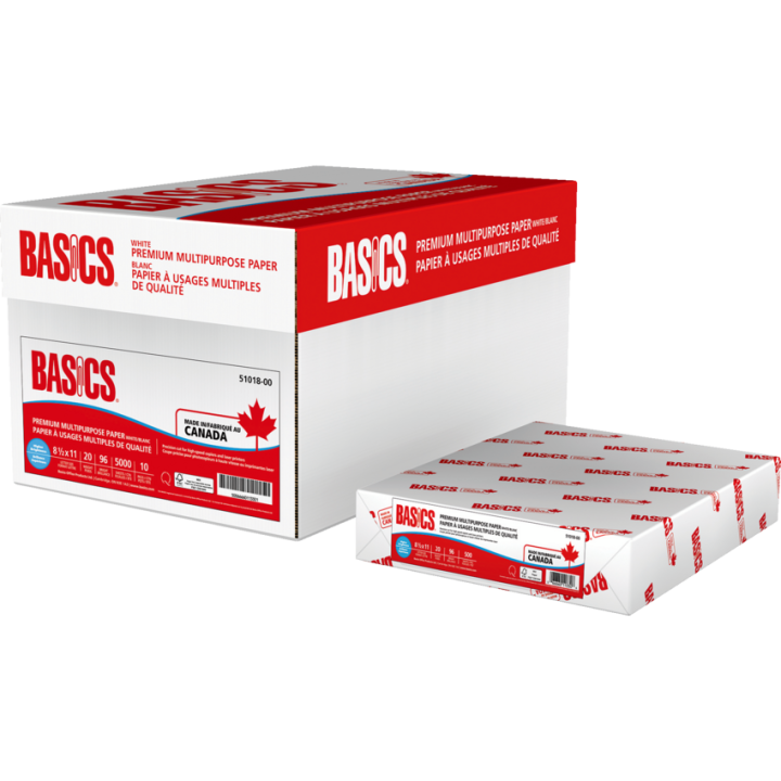 Papier format lettre tout usage Basics® ,Brillance 96, 20 lb, rame de 500 feuilles, 10 pqt/caisse